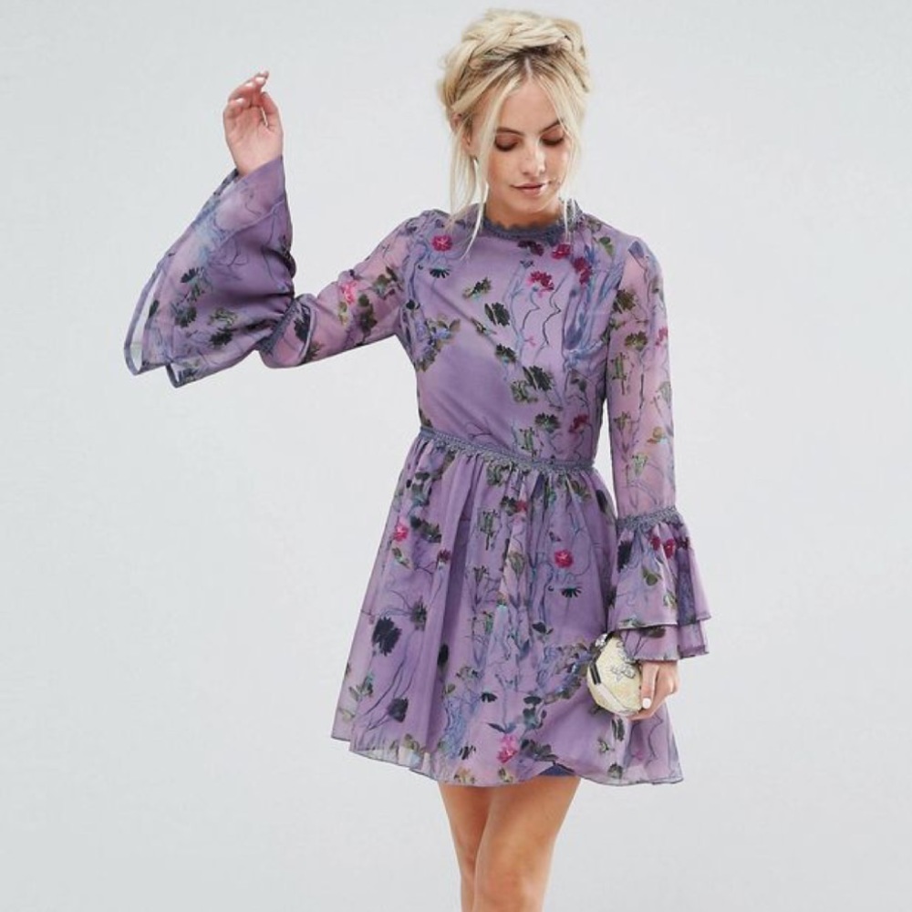 ASOS Little Mistress floral bell sleeve mini dress